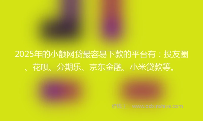 2025年的小额网贷最容易下款的平台有：投友圈、花呗、分期乐、京东金融、小米贷款等。