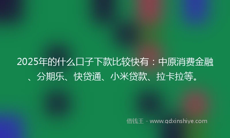 2025年的什么口子下款比较快有：中原消费金融、分期乐、快贷通、小米贷款、拉卡拉等。