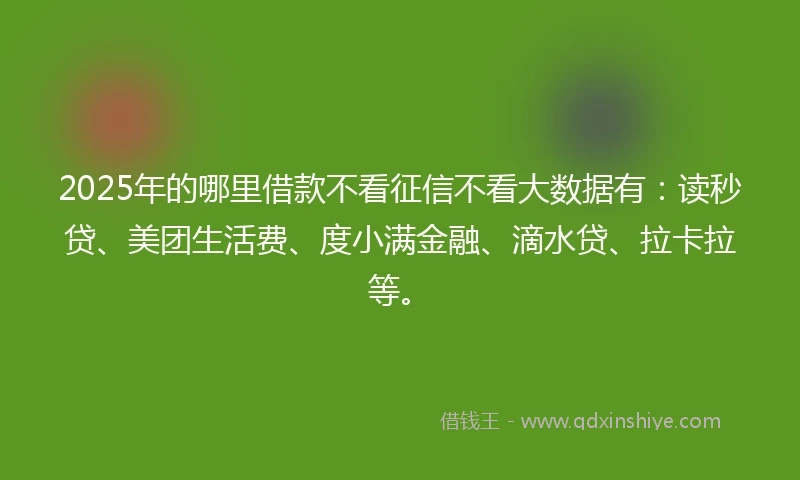 2025年的哪里借款不看征信不看大数据有：读秒贷、美团生活费、度小满金融、滴水贷、拉卡拉等。