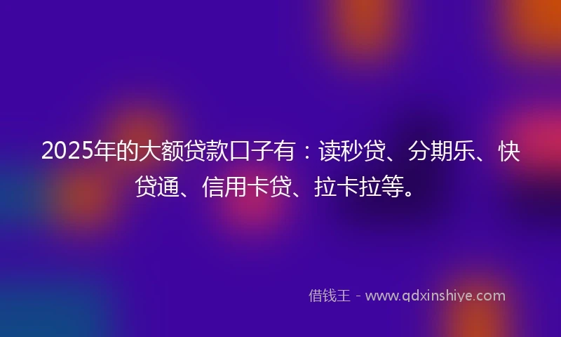 2025年的大额贷款口子有：读秒贷、分期乐、快贷通、信用卡贷、拉卡拉等。