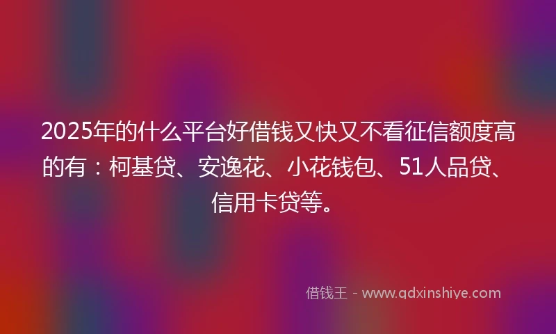 2025年的什么平台好借钱又快又不看征信额度高的有：柯基贷、安逸花、小花钱包、51人品贷、信用卡贷等。