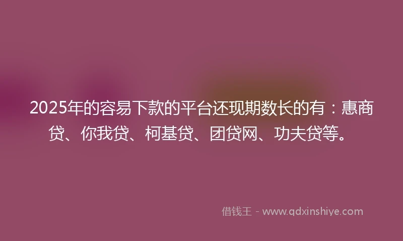 2025年的容易下款的平台还现期数长的有：惠商贷、你我贷、柯基贷、团贷网、功夫贷等。