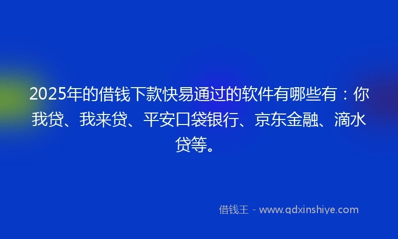 2025年的借钱下款快易通过的软件有哪些有：你我贷、我来贷、平安口袋银行、京东金融、滴水贷等。