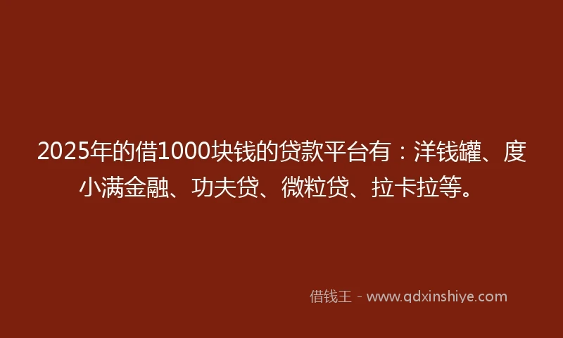 2025年的借1000块钱的贷款平台有：洋钱罐、度小满金融、功夫贷、微粒贷、拉卡拉等。
