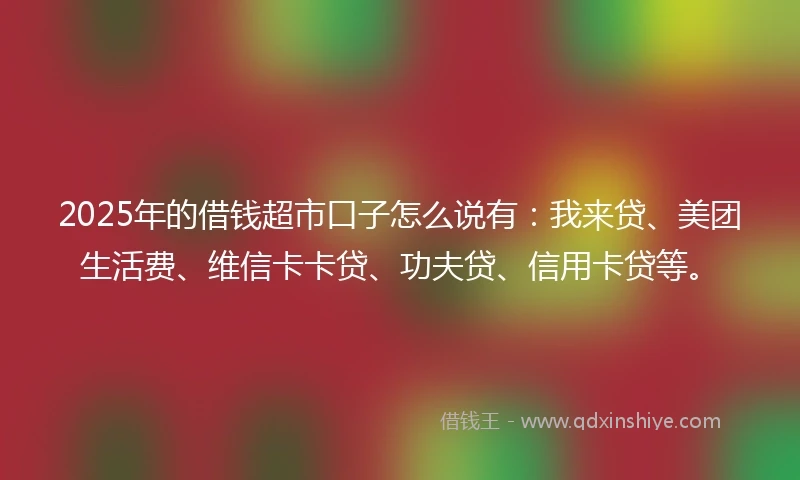 2025年的借钱超市口子怎么说有：我来贷、美团生活费、维信卡卡贷、功夫贷、信用卡贷等。