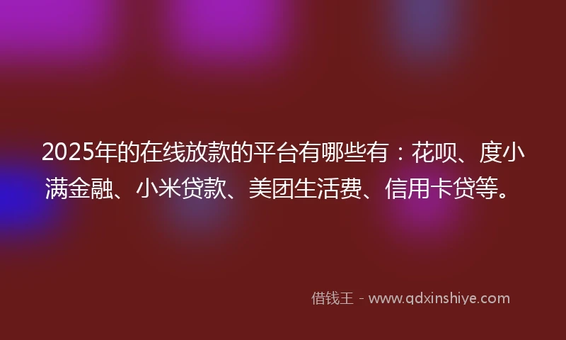 2025年的在线放款的平台有哪些有：花呗、度小满金融、小米贷款、美团生活费、信用卡贷等。