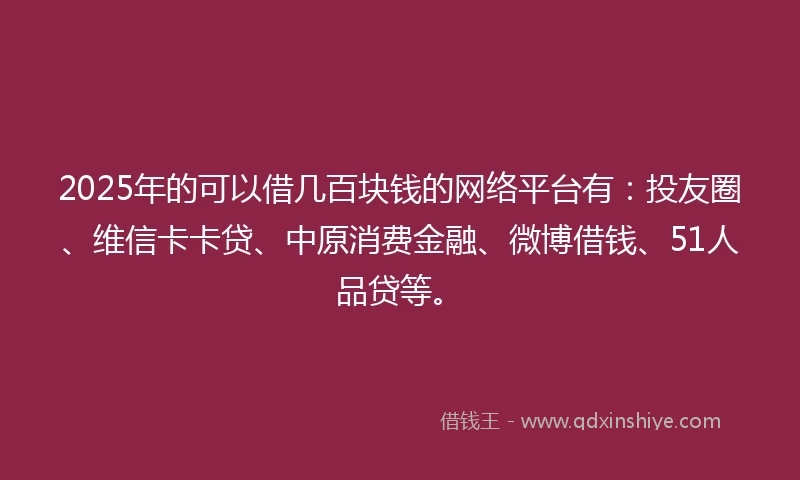 2025年的可以借几百块钱的网络平台有：投友圈、维信卡卡贷、中原消费金融、微博借钱、51人品贷等。