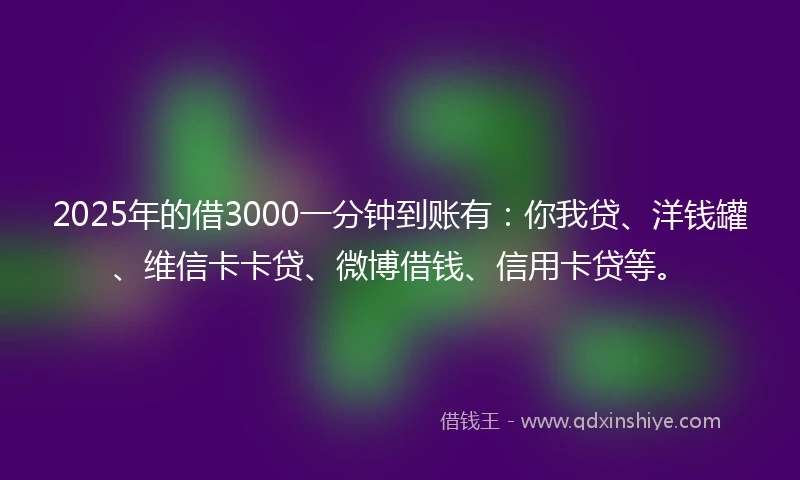 2025年的借3000一分钟到账有：你我贷、洋钱罐、维信卡卡贷、微博借钱、信用卡贷等。