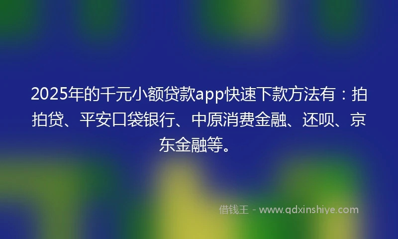 2025年的千元小额贷款app快速下款方法有：拍拍贷、平安口袋银行、中原消费金融、还呗、京东金融等。