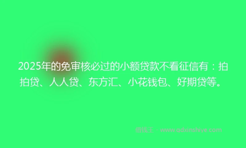 2025年的免审核必过的小额贷款不看征信有：拍拍贷、人人贷、东方汇、小花钱包、好期贷等。