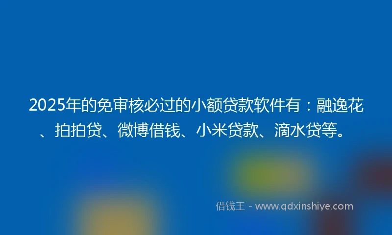 2025年的免审核必过的小额贷款软件有：融逸花、拍拍贷、微博借钱、小米贷款、滴水贷等。