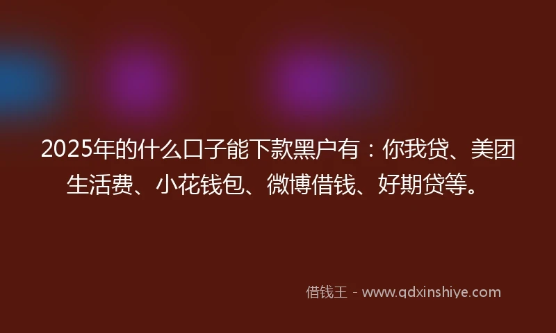 2025年的什么口子能下款黑户有：你我贷、美团生活费、小花钱包、微博借钱、好期贷等。