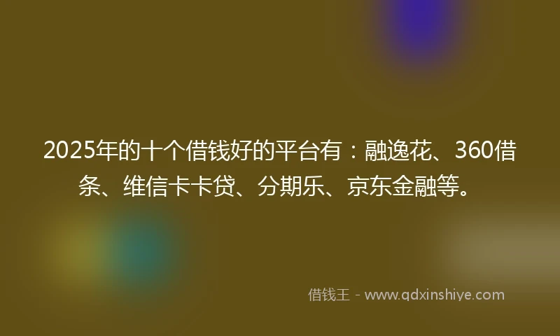 2025年的十个借钱好的平台有：融逸花、360借条、维信卡卡贷、分期乐、京东金融等。