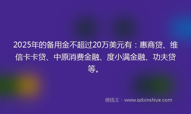 2025年的备用金不超过20万美元有：惠商贷、维信卡卡贷、中原消费金融、度小满金融、功夫贷等。