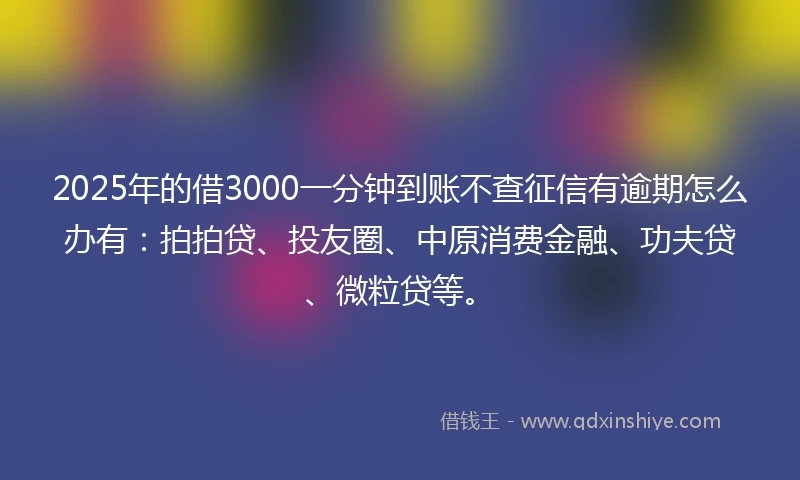 2025年的借3000一分钟到账不查征信有逾期怎么办有：拍拍贷、投友圈、中原消费金融、功夫贷、微粒贷等。