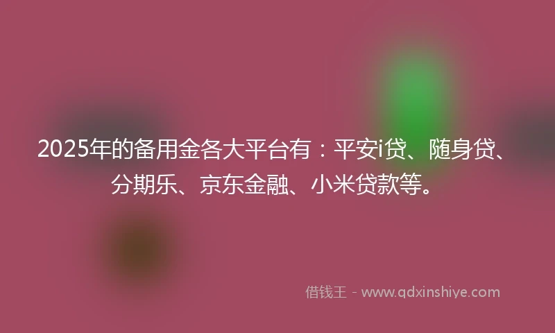 2025年的备用金各大平台有：平安i贷、随身贷、分期乐、京东金融、小米贷款等。