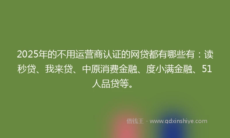 2025年的不用运营商认证的网贷都有哪些有：读秒贷、我来贷、中原消费金融、度小满金融、51人品贷等。