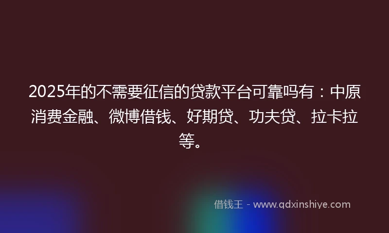2025年的不需要征信的贷款平台可靠吗有：中原消费金融、微博借钱、好期贷、功夫贷、拉卡拉等。