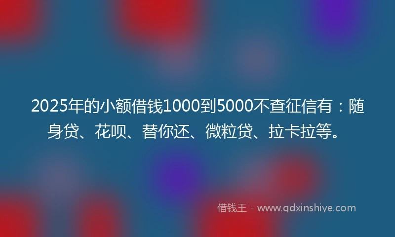 2025年的小额借钱1000到5000不查征信有：随身贷、花呗、替你还、微粒贷、拉卡拉等。