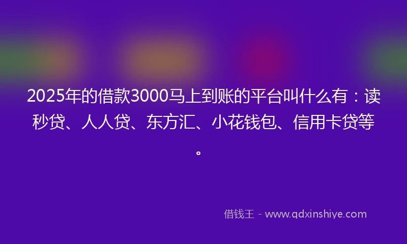 2025年的借款3000马上到账的平台叫什么有：读秒贷、人人贷、东方汇、小花钱包、信用卡贷等。