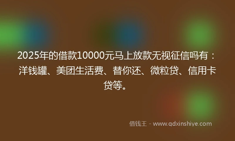 2025年的借款10000元马上放款无视征信吗有：洋钱罐、美团生活费、替你还、微粒贷、信用卡贷等。