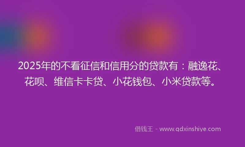 2025年的不看征信和信用分的贷款有：融逸花、花呗、维信卡卡贷、小花钱包、小米贷款等。