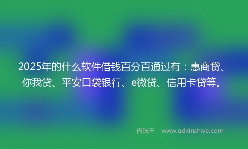 2025年的什么软件借钱百分百通过有：惠商贷、你我贷、平安口袋银行、e微贷、信用卡贷等。