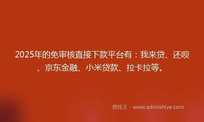 2025年的免审核直接下款平台有：我来贷、还呗、京东金融、小米贷款、拉卡拉等。