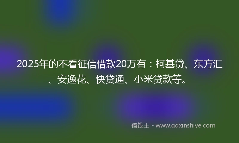 2025年的不看征信借款20万有：柯基贷、东方汇、安逸花、快贷通、小米贷款等。