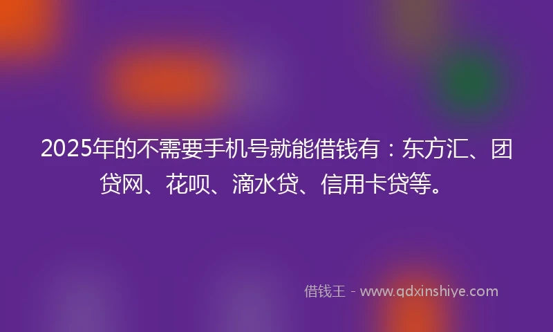 2025年的不需要手机号就能借钱有：东方汇、团贷网、花呗、滴水贷、信用卡贷等。