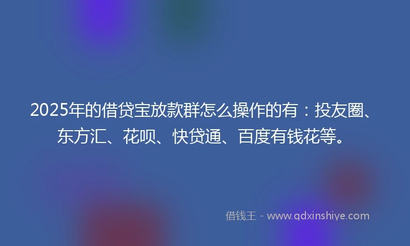 2025年的借贷宝放款群怎么操作的有：投友圈、东方汇、花呗、快贷通、百度有钱花等。