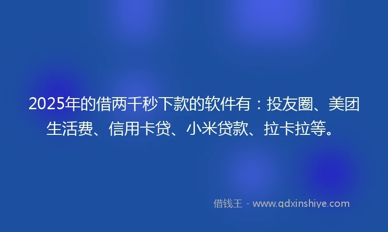2025年的借两千秒下款的软件有：投友圈、美团生活费、信用卡贷、小米贷款、拉卡拉等。