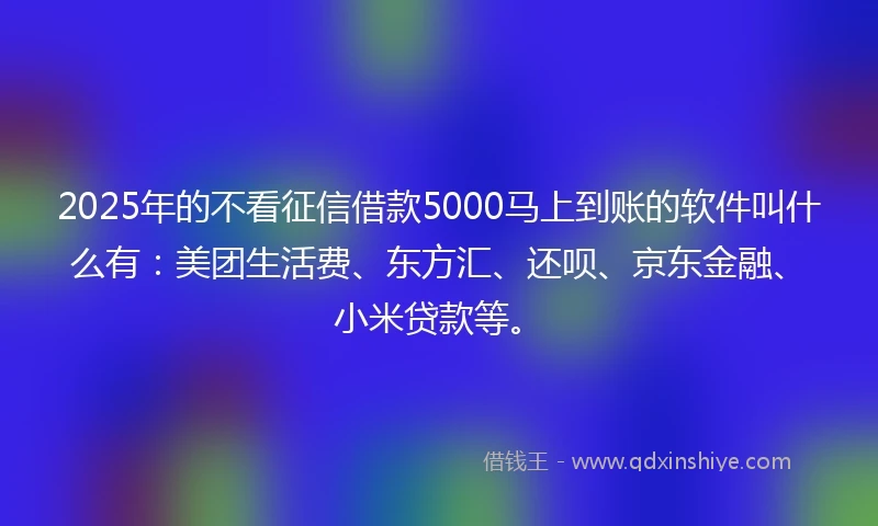 2025年的不看征信借款5000马上到账的软件叫什么有：美团生活费、东方汇、还呗、京东金融、小米贷款等。