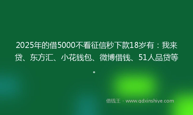 2025年的借5000不看征信秒下款18岁有：我来贷、东方汇、小花钱包、微博借钱、51人品贷等。