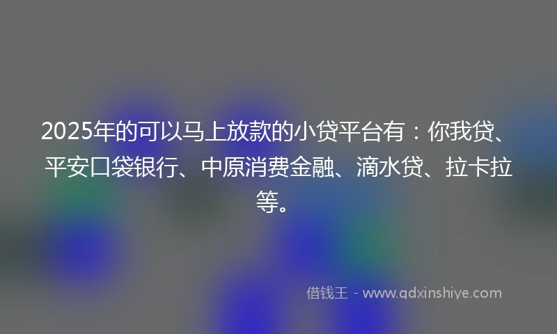 2025年的可以马上放款的小贷平台有：你我贷、平安口袋银行、中原消费金融、滴水贷、拉卡拉等。