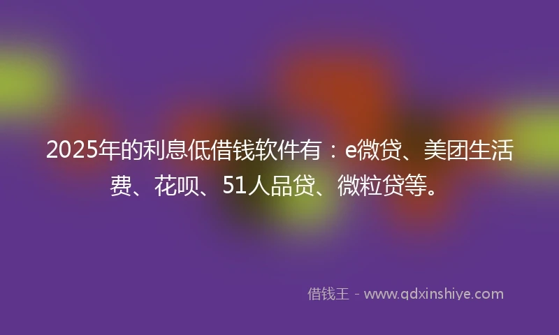 2025年的利息低借钱软件有：e微贷、美团生活费、花呗、51人品贷、微粒贷等。