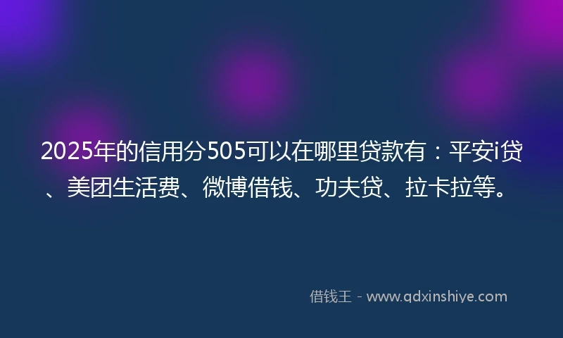 2025年的信用分505可以在哪里贷款有：平安i贷、美团生活费、微博借钱、功夫贷、拉卡拉等。