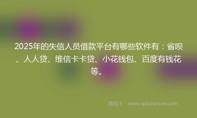 2025年的失信人员借款平台有哪些软件有：省呗、人人贷、维信卡卡贷、小花钱包、百度有钱花等。