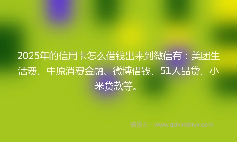 2025年的信用卡怎么借钱出来到微信有：美团生活费、中原消费金融、微博借钱、51人品贷、小米贷款等。