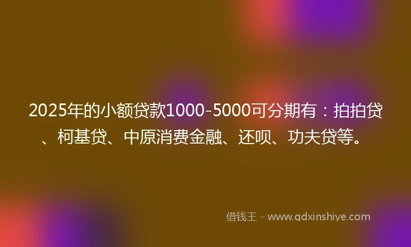 2025年的小额贷款1000-5000可分期有：拍拍贷、柯基贷、中原消费金融、还呗、功夫贷等。
