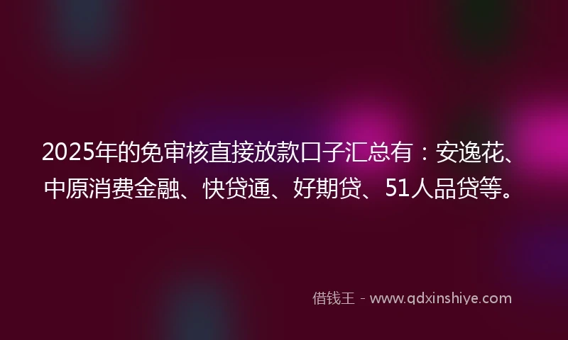 2025年的免审核直接放款口子汇总有：安逸花、中原消费金融、快贷通、好期贷、51人品贷等。