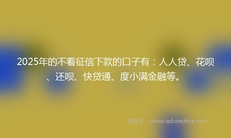 2025年的不看征信下款的口子有：人人贷、花呗、还呗、快贷通、度小满金融等。