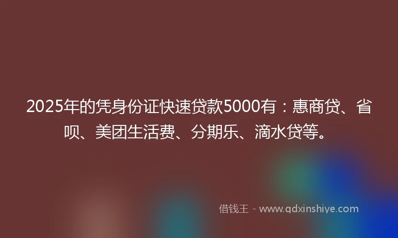 2025年的凭身份证快速贷款5000有：惠商贷、省呗、美团生活费、分期乐、滴水贷等。