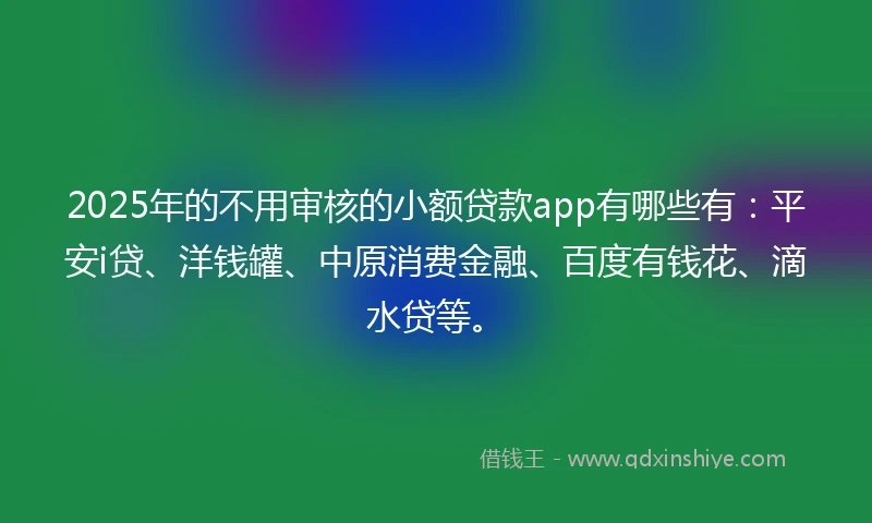 2025年的不用审核的小额贷款app有哪些有：平安i贷、洋钱罐、中原消费金融、百度有钱花、滴水贷等。