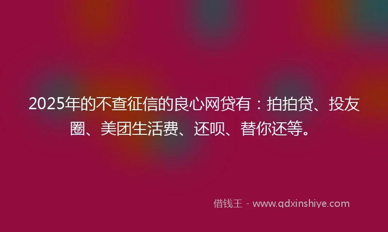 2025年的不查征信的良心网贷有：拍拍贷、投友圈、美团生活费、还呗、替你还等。