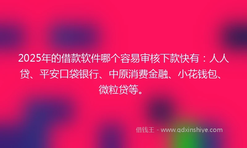 2025年的借款软件哪个容易审核下款快有：人人贷、平安口袋银行、中原消费金融、小花钱包、微粒贷等。