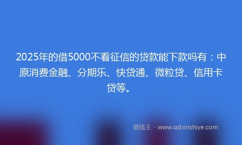 2025年的借5000不看征信的贷款能下款吗有：中原消费金融、分期乐、快贷通、微粒贷、信用卡贷等。