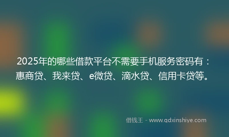 2025年的哪些借款平台不需要手机服务密码有：惠商贷、我来贷、e微贷、滴水贷、信用卡贷等。
