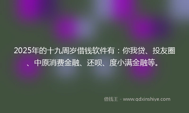 2025年的十九周岁借钱软件有：你我贷、投友圈、中原消费金融、还呗、度小满金融等。