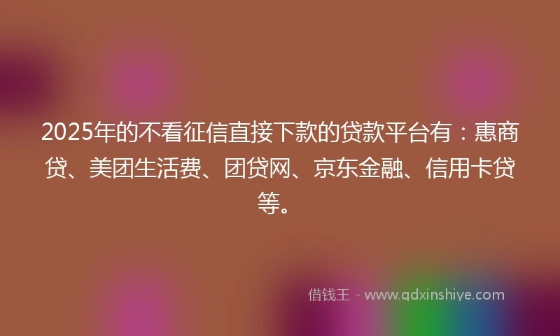2025年的不看征信直接下款的贷款平台有：惠商贷、美团生活费、团贷网、京东金融、信用卡贷等。